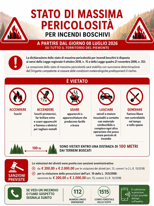 Dichiarazione stato di massima pericolosità per gli incendi boschivi dal giorno 8 luglio 2026